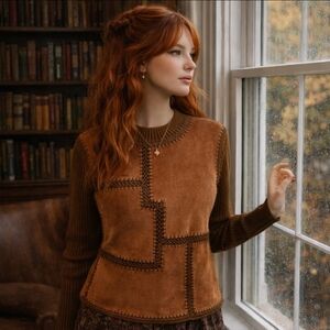 Vintage Valenti Women’s Suede Patchwork Knit Sweater Boho Brown Leather Size L